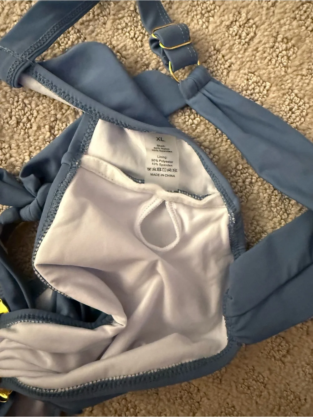 Blue Bikini Set Wide Strap Cheeky Tie Bottoms Gold Accent Sweetheart Neck XL